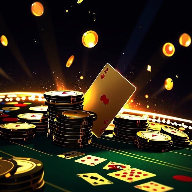 Simbol-simbol Fa Cai Shen Deluxe termasuk koin emas, lampion, dan karakter keberuntungan